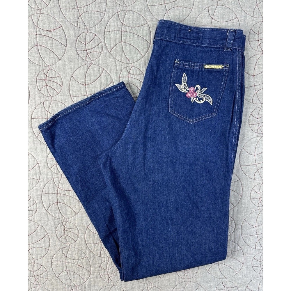 VTG 80s Live Ins High Rise Wide Straight Jeans Talon Zip Floral Embroidered‎ 12